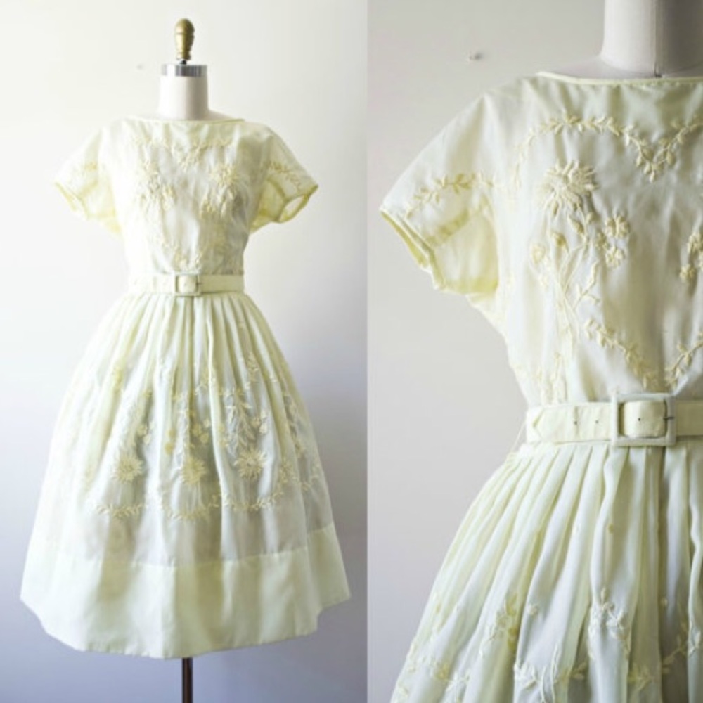 Vintage-Inspired Pale Yellow Embroidered Fit-and-Flare Dress